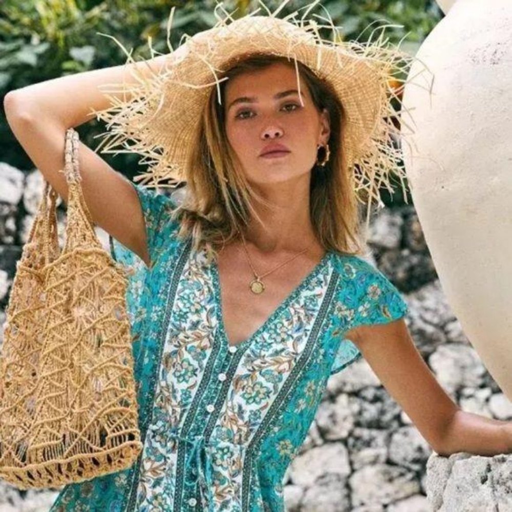 Boho Floral Gypsy Print Short Button Up Dress Blue - Picture 8 of 8